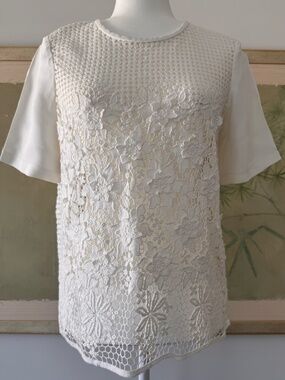 TIBI White Crepe Lace Top